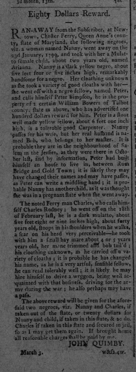 March 1800 Queen Anne's County, Maryland advertisement to recover a fugitive slave family.
